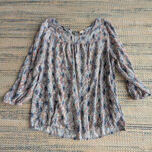 Lucky Brand Geometric Print 3/4 Sleeve Peasant Blouse Cottagecore Women's L